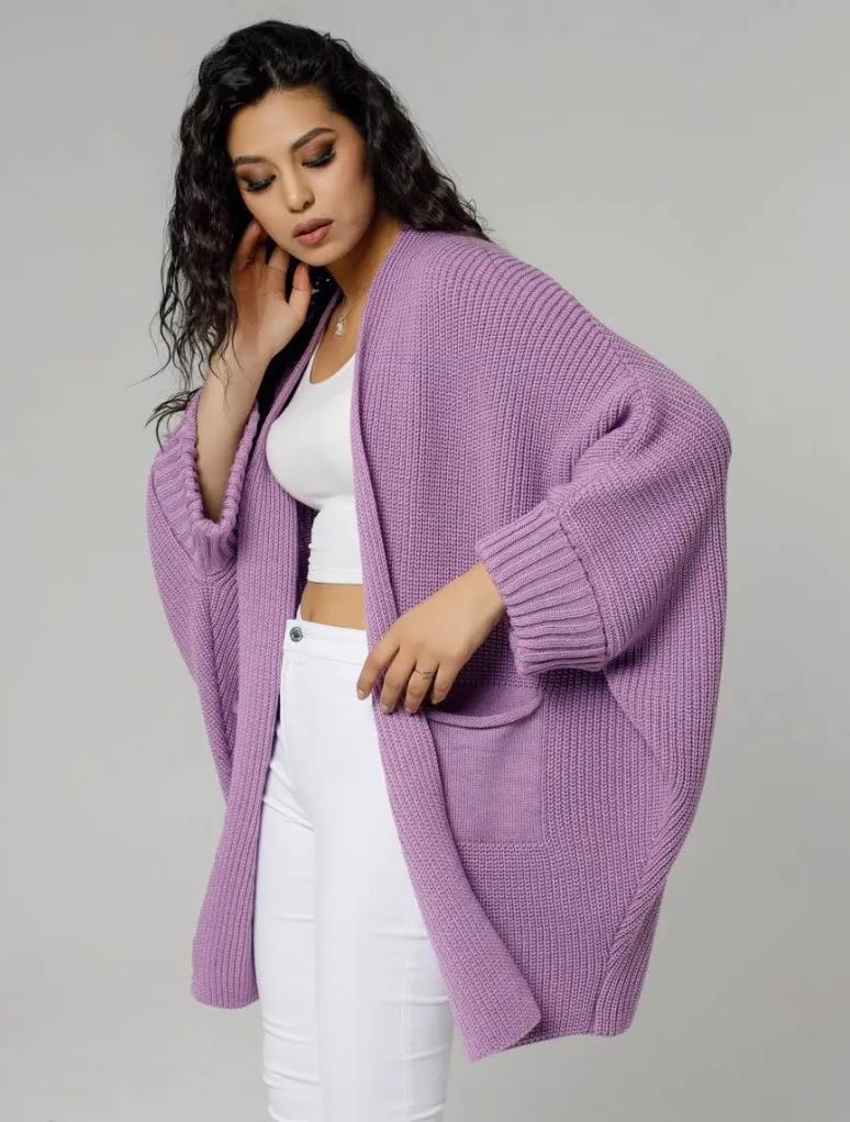 Women’s Knitted Cardigan – Oversized Fit – Wool Blend – Ribbed Sleeves – Open Front