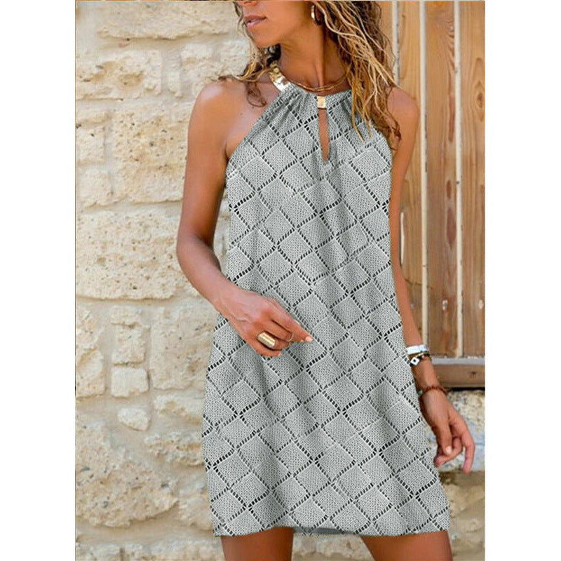 Women’s Sleeveless Dress – Relaxed Fit – Halter Neck – Geometric Pattern – Mini Length
