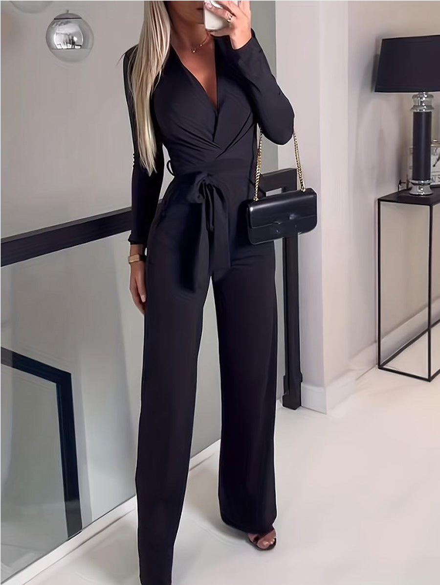 Women's Long-Sleeve V-Neck Wrap Jumpsuit with Wide-Leg Pants