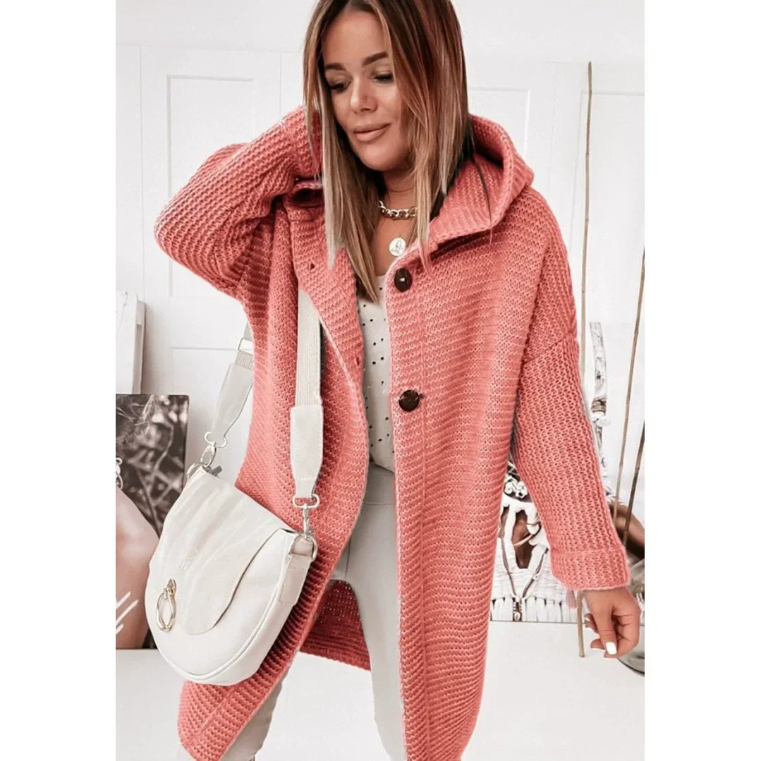 Women’s Hooded Cardigan – Loose Fit – Long Line – Ribbed Knit – Button Front – Drop Shoulder
