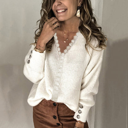 Women’s Knitted Pullover – Relaxed Fit – Ribbed Texture – V-Neck – Button Cuff Sleeves