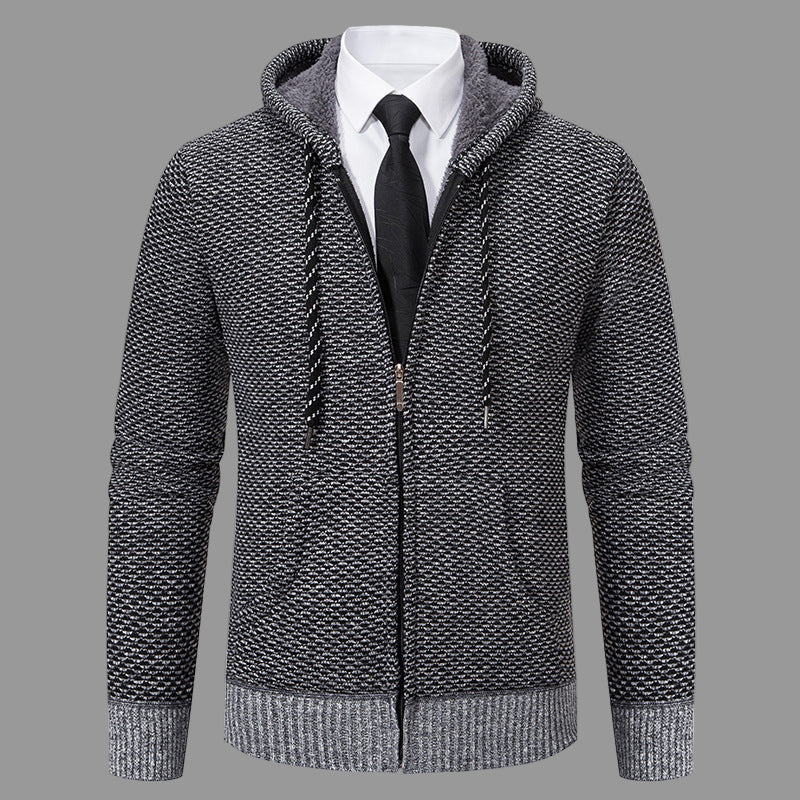 TrendAura Mens Hooded Cardigan Knit Blend Full Zip With Ribbed Cuffs For Smart Casual Layering