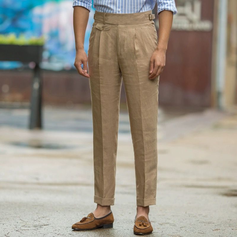 TrendAura Men's Trousers Slim Fit High Waisted Linen Pleated Front Adjustable Waist