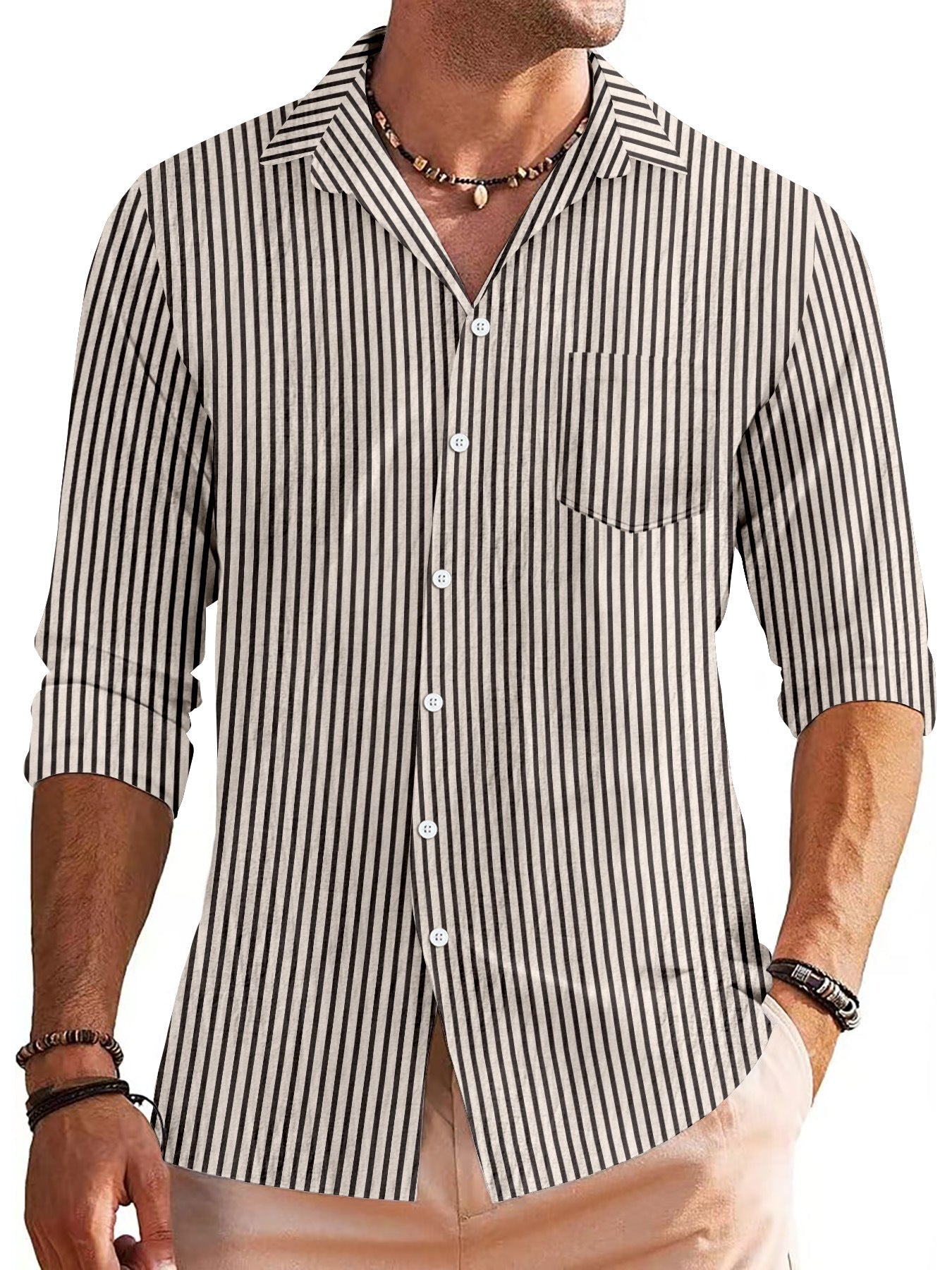 TrendAura Men's Long Sleeve Shirt Regular Fit Striped Pattern Chest Pocket Breathable Material