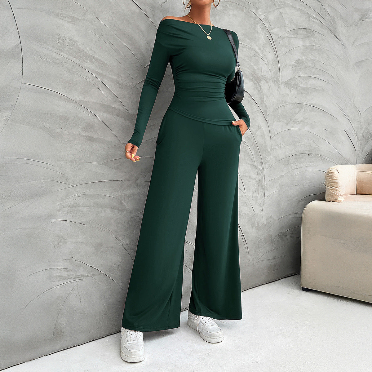 Nordic Flair Women's Suit Set Slim Fit Long Sleeve Top High Waisted Wide Leg Pants