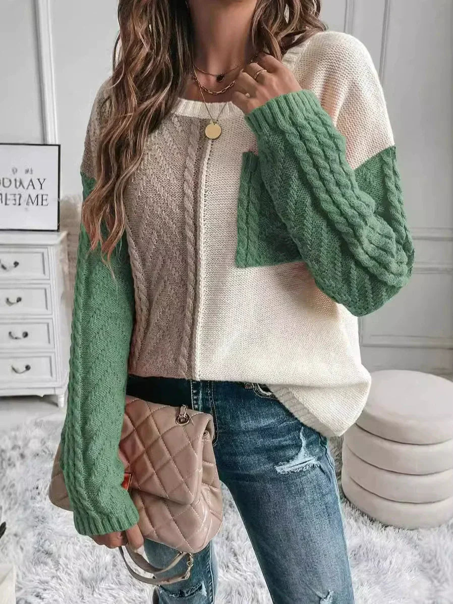 Women’s Pullover Sweater – Wool Knit – Relaxed Fit – Patchwork with Chest Pocket