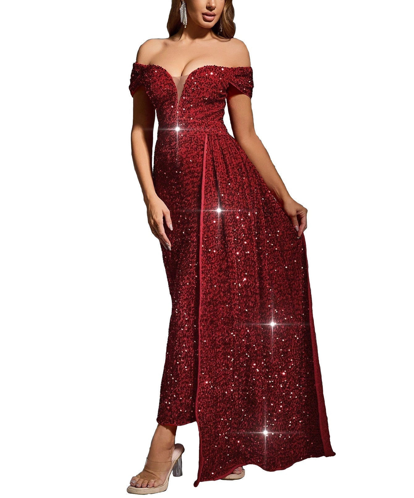 Dress for Women – Evening Dress in Sequin Fabric – Full Length – Off-Shoulder – Sleeveless
