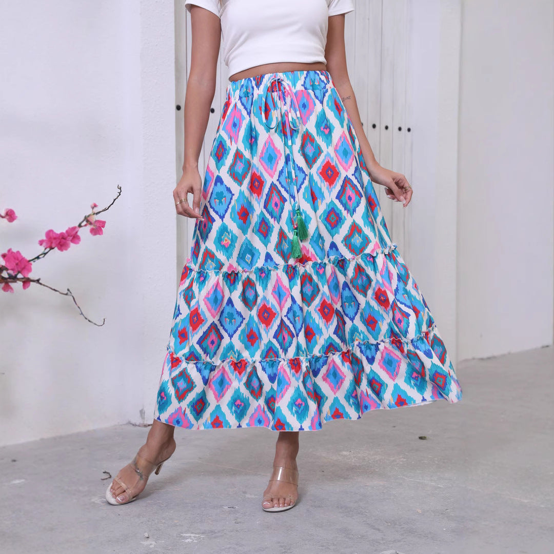 Women’s Maxi Skirt – High Waist – Tiered Boho Fit – Fringe Waist – Cotton Feel