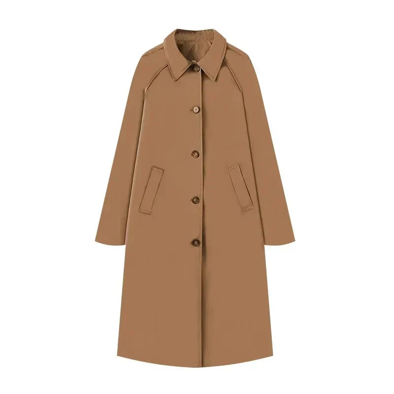 Women’s Coat – Midi Length – Relaxed Straight Fit – Wool Blend – Raglan Sleeves – Button Closure