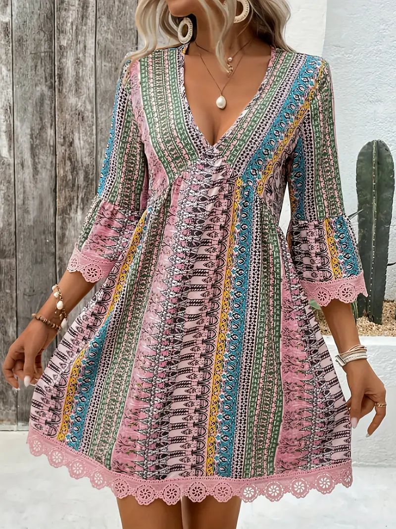 Women's Dress – A-line Fit – Bohemian Print – V-neckline – Lace Trim – 3/4 Sleeves