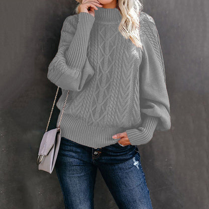Chunky knit sweater for women with high collar and voluminous sleeves