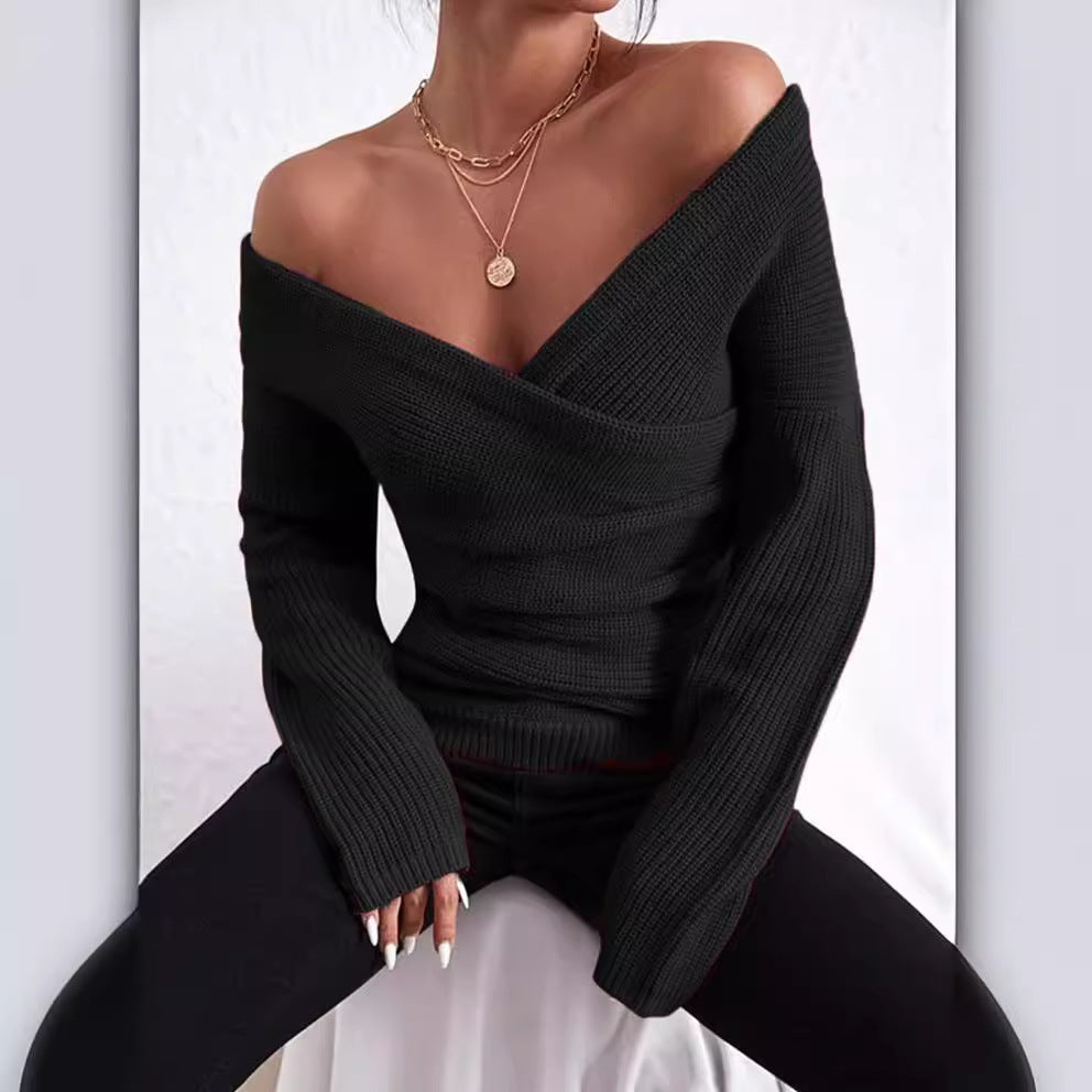 Women’s Sweater – Slim Fit – Ribbed Knit – Off-Shoulder – Wrap V-Neck – Long Sleeve