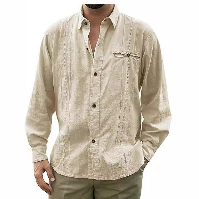 Men's Linen Shirt With Relaxed Fit Long Sleeve Button Closure Chest Pocket Nordisk Flair By TrendAura