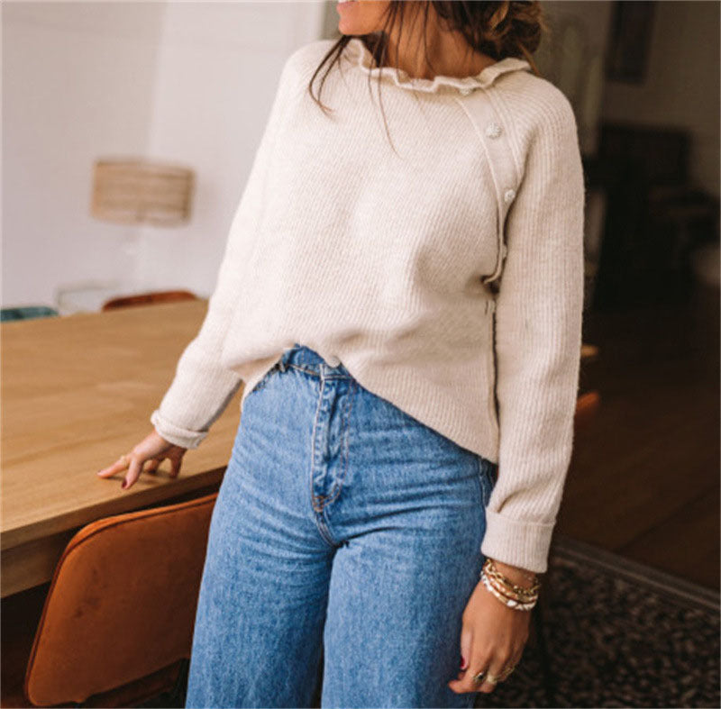 Women’s Knitted Sweater – Wool Blend – Relaxed Fit – Ruffled Neckline – Long Sleeve
