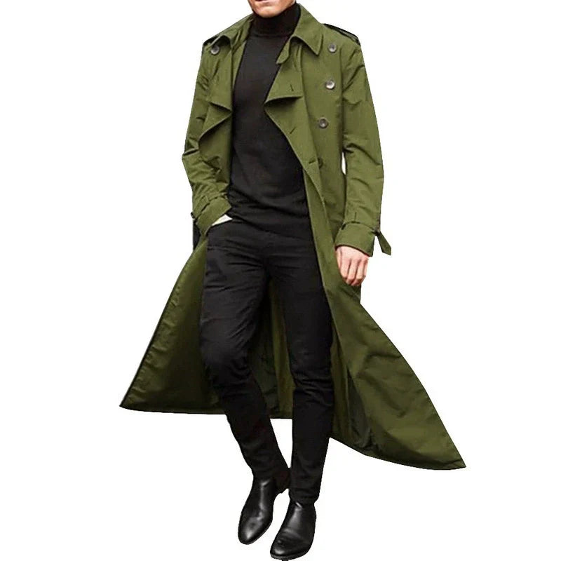 Mens Trench Coat Tailored Fit Double Breasted Notched Lapels Full Length Coat For Men Style