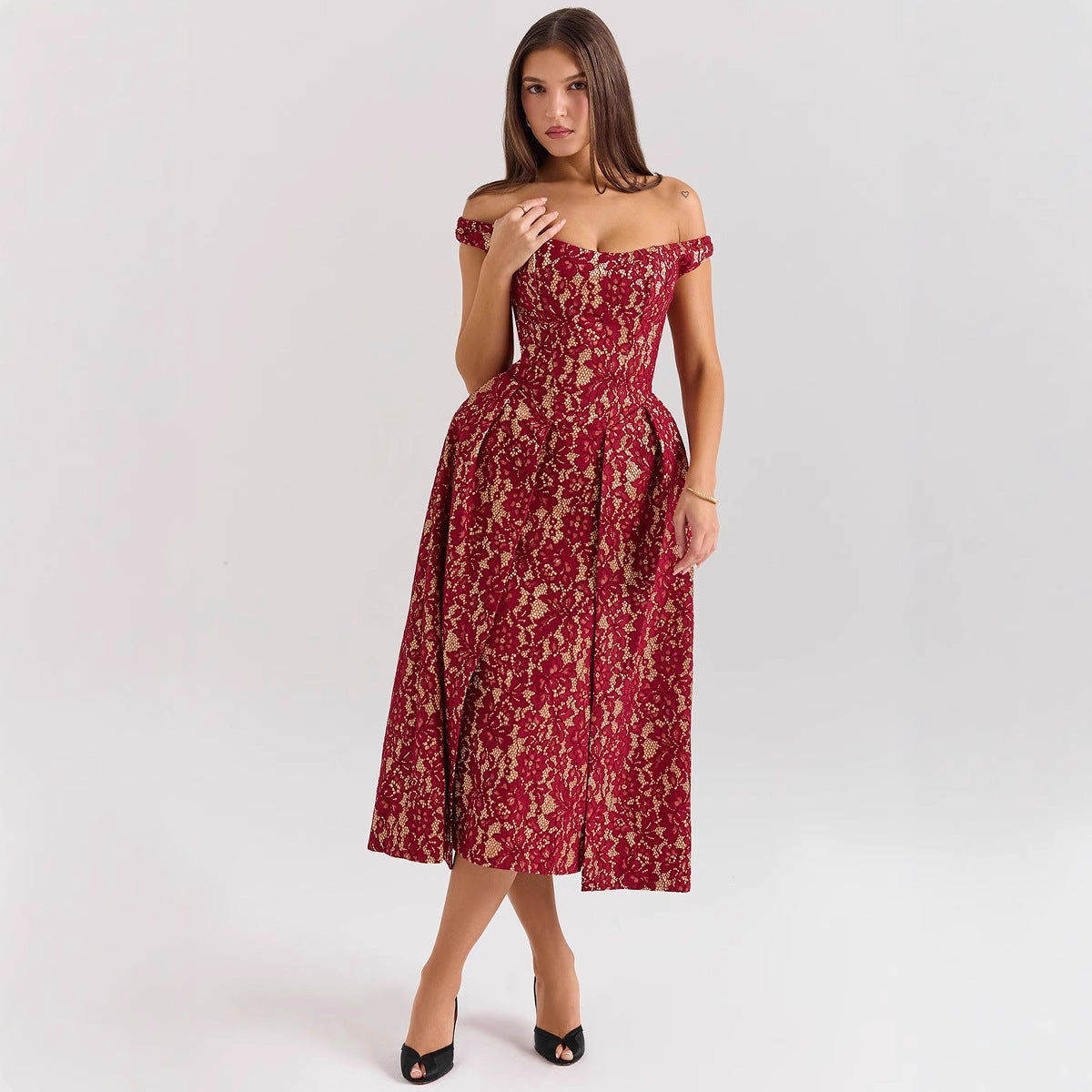 Women's Dress – Off-Shoulder – Lace Surface – Fitted Waist – Open Back – Long Model