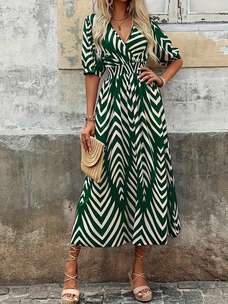 Dress for women – Midi A-line fit – V-neck wrap – Belt – Puff sleeves – Chevron