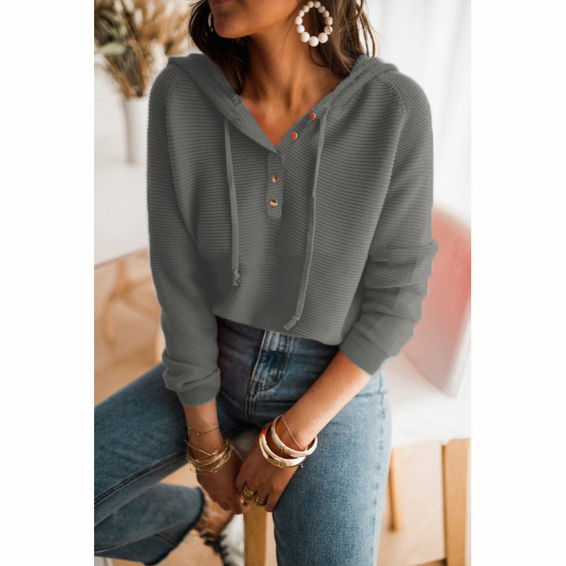 Women’s Cropped Hoodie – Relaxed Fit – Knit Texture – Button Front – Drawstring Hood