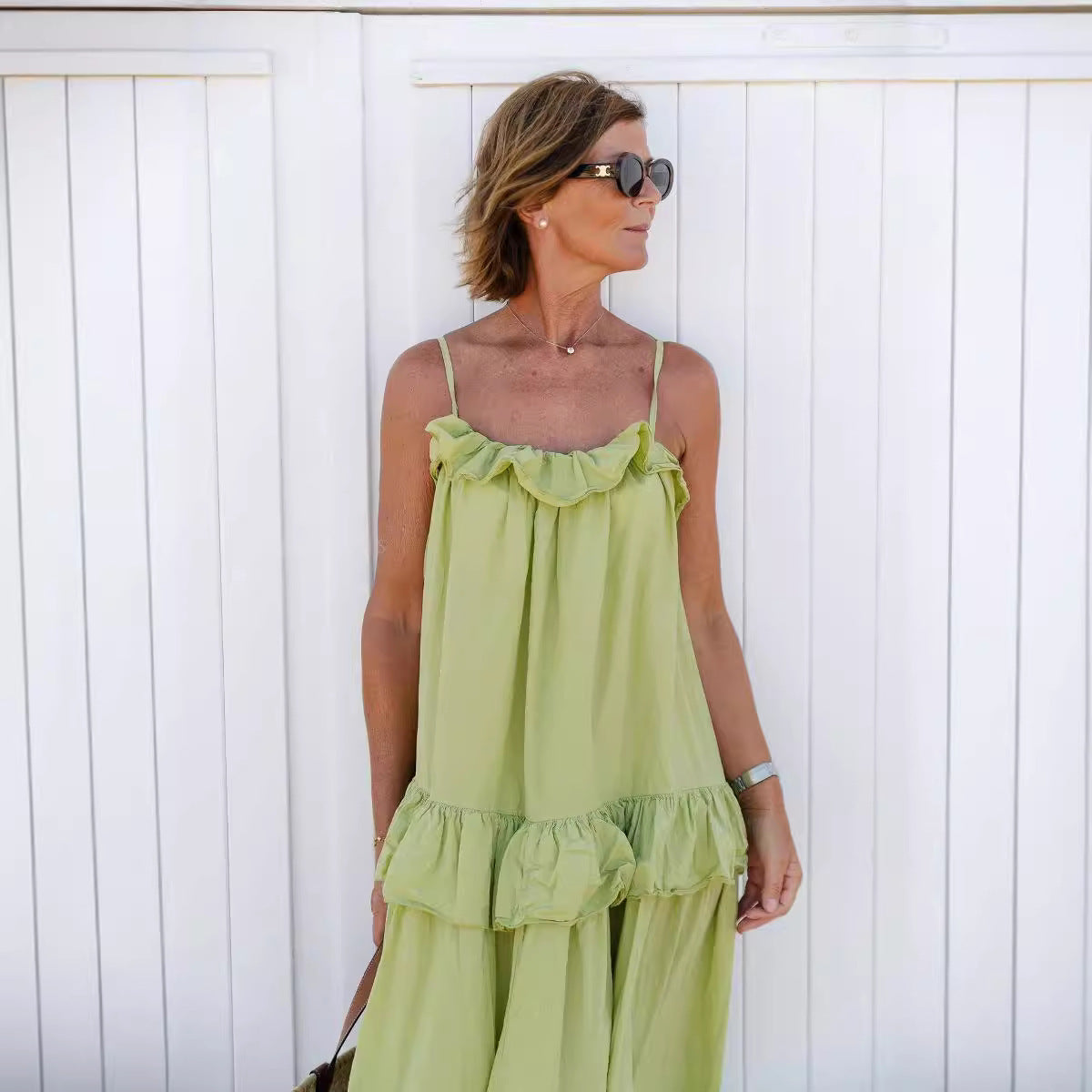 Women’s Maxi Dress – Flowy Fit – Cotton Blend – Ruffle Neckline – Tiered Skirt