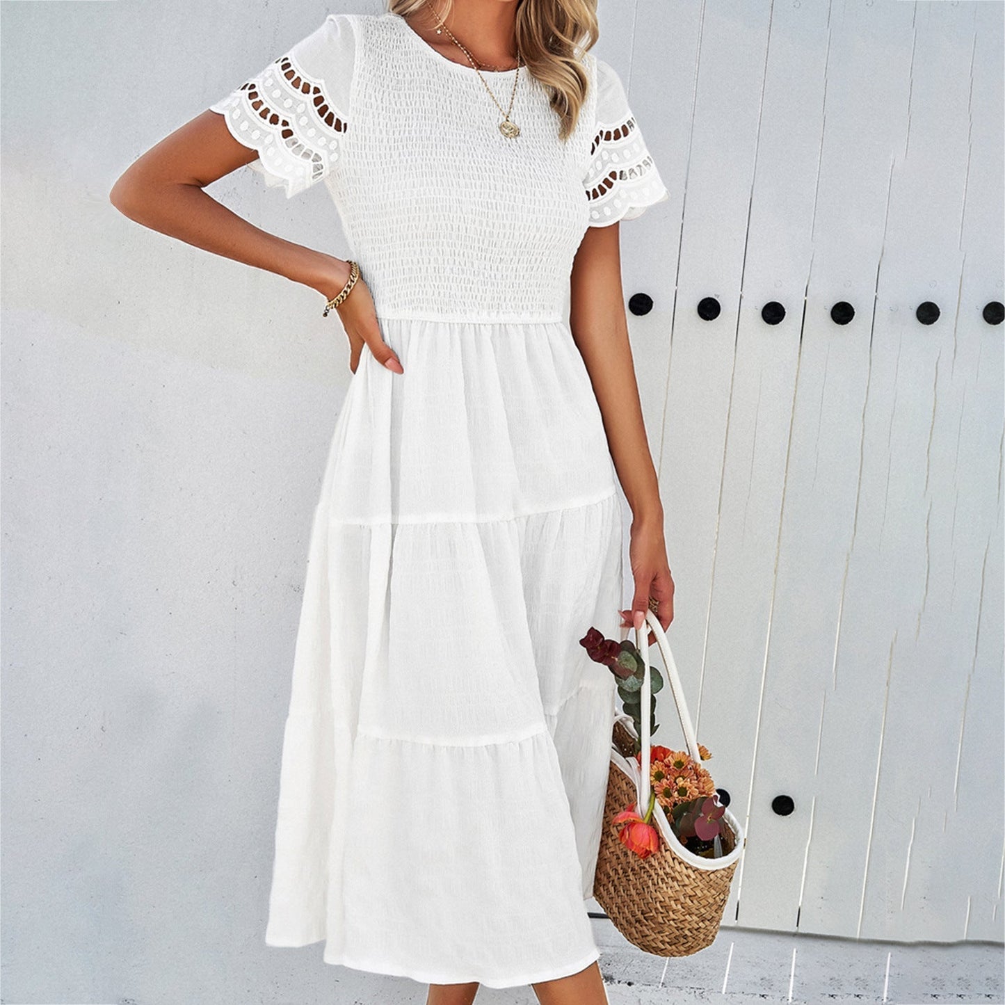 Women's Midi Dress – Smocked Bodice – Tiered Skirt – Cut-Out Short Sleeves – Loose Fit