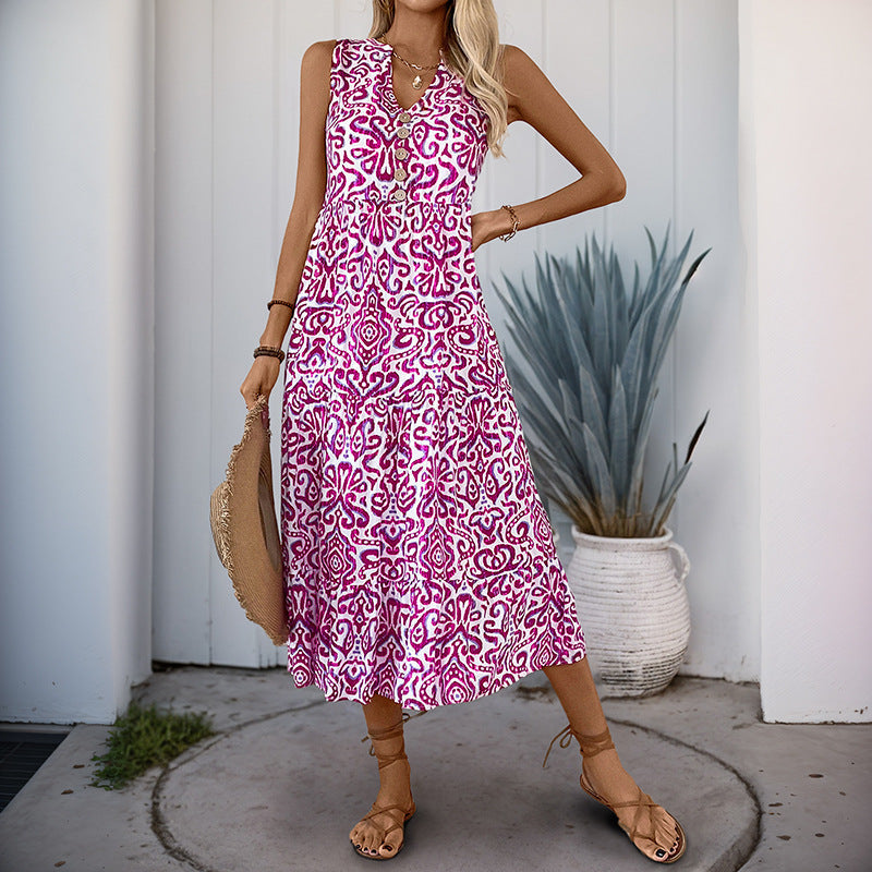 TrendAura Sleeveless A Line Dress With V Neck And Button Closure - Lightweight And Breathable Summer Style