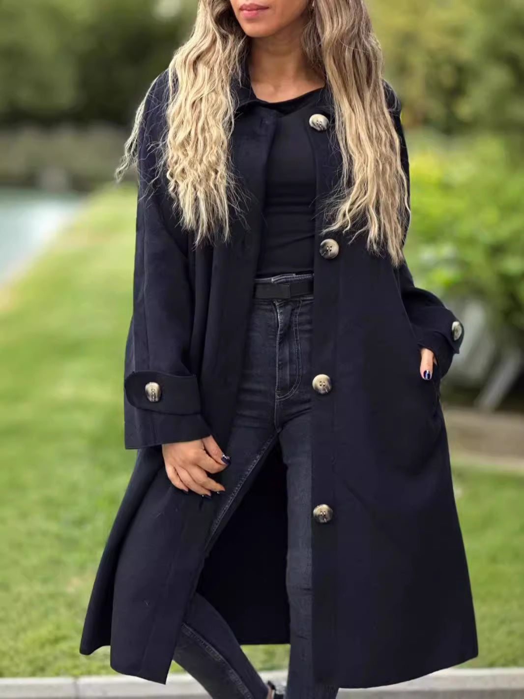 Women’s Long Coat – Wool Blend – Relaxed Fit – Button Front – Full Length – Classic Collar