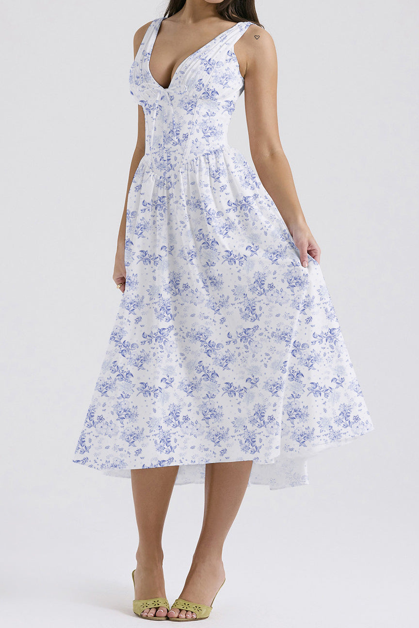 Dress for women – A-line fit – Sleeveless – V-neckline – Floral print – Midi length