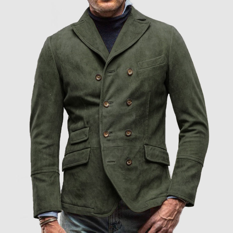 Men's Double Breasted Jacket With Tailored Fit And Suede Like Texture Notch Lapel