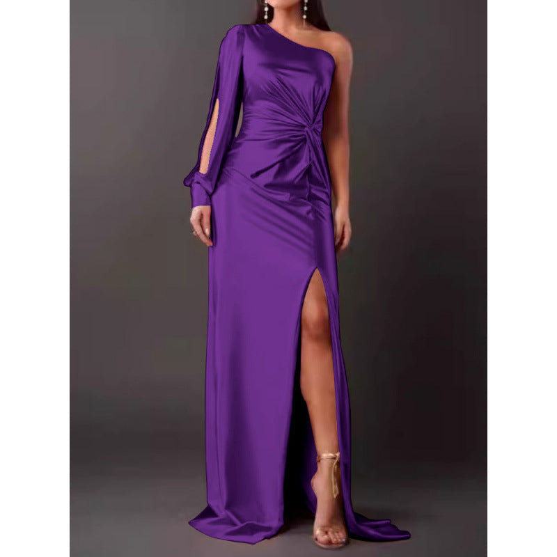 Dress for Women – Maxi Length – Single Shoulder – Satin – Slim Fit – High Slit