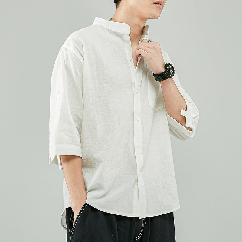 Mens Linen Cotton Blend Shirt Band Collar Relaxed Fit 7 8 Sleeve Casual Everyday Wear