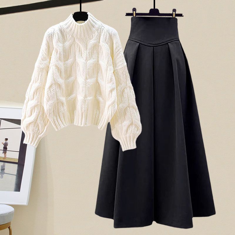 Women’s Two-Piece Set – Wool Cable Knit Sweater – Pleated High-Waist Midi Skirt