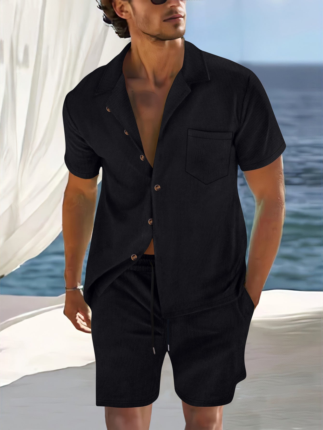 Men's Short Sleeve Shirt Set Relaxed Fit Lapel Collar Vertical Striped Button Front 2 Piece Summer Outfit