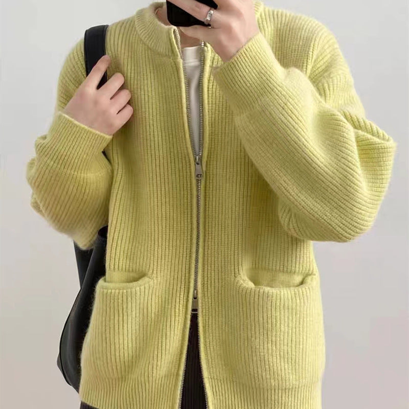 Women's Cardigan – Ribbed Knit Wool Mix – Oversized Fit – Double Zipper – With Pockets