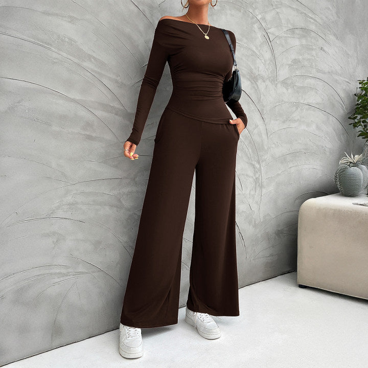 Nordic Flair Women's Suit Set Slim Fit Long Sleeve Top High Waisted Wide Leg Pants