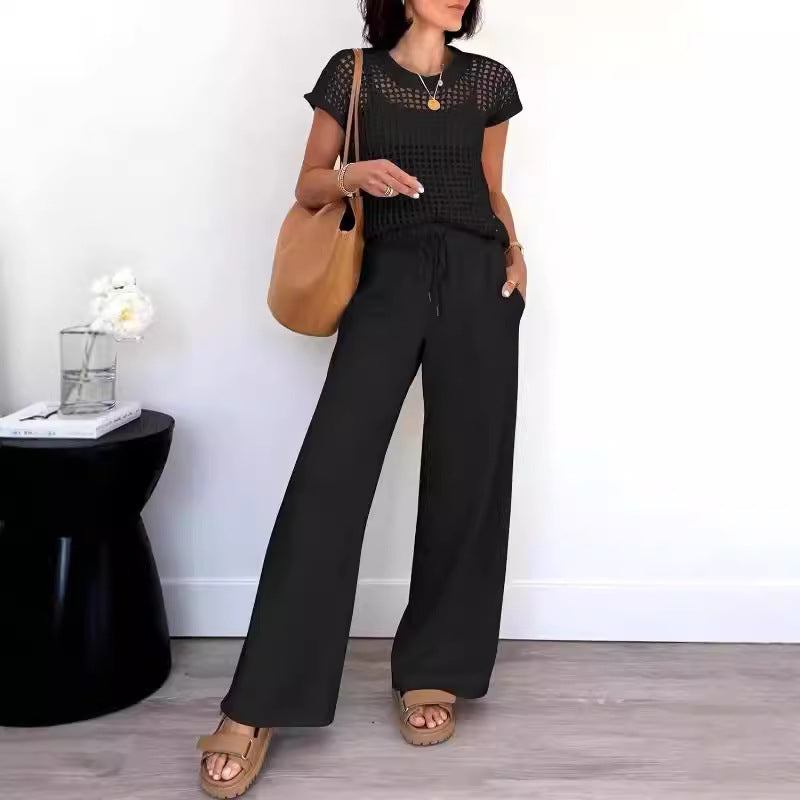 TrendAura Women's Open-Knit Short-Sleeve Top and Wide-Leg Pants Set - Relaxed Fit for Casual Comfort