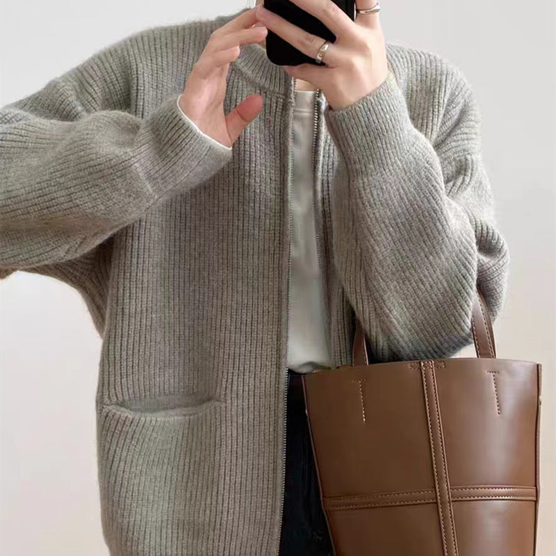 Women's Cardigan – Ribbed Knit Wool Mix – Oversized Fit – Double Zipper – With Pockets