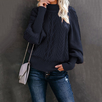 Chunky knit sweater for women with high collar and voluminous sleeves