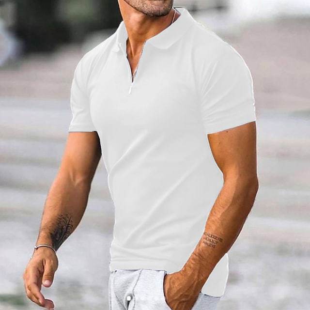 Men Polo Shirt Slim Fit Breathable Cotton Blend Short Sleeve Zip Neck Modern Casual Wear