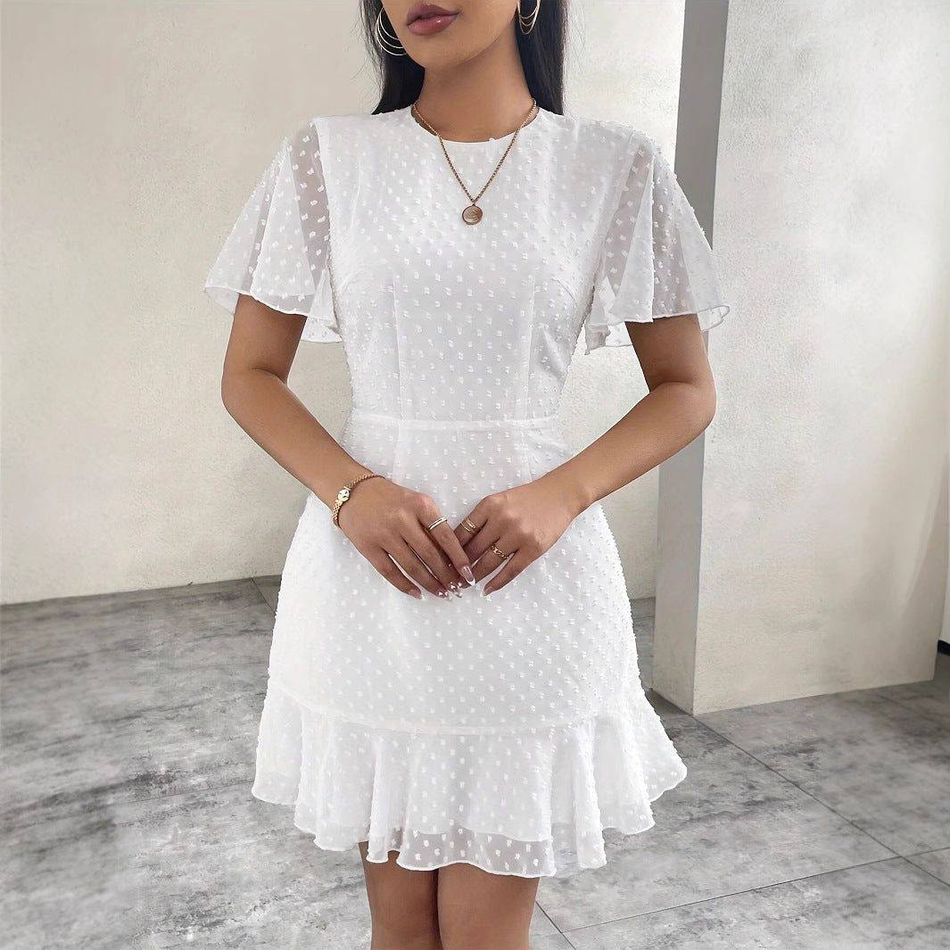 Dress for women – A-line cut – Jacquard dotted – Short ruffle sleeves – Mini length
