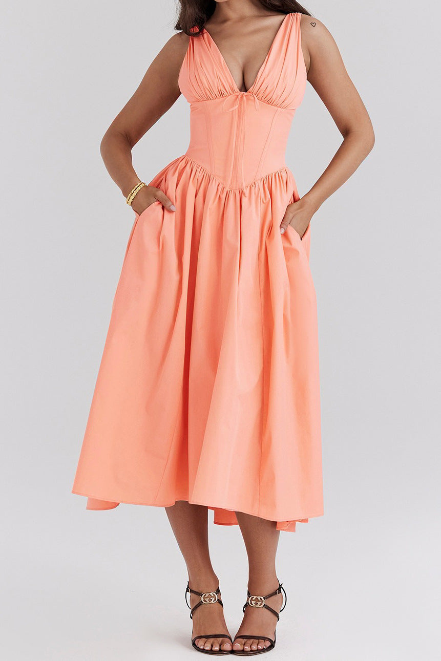 Dress for women – A-line fit – Sleeveless – V-neckline – Floral print – Midi length