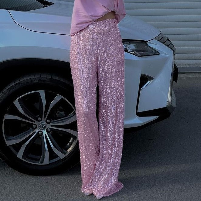 Women’s Straight-Leg Pants – Full Sequin Design – Relaxed Fit – Full Length Evening Wear
