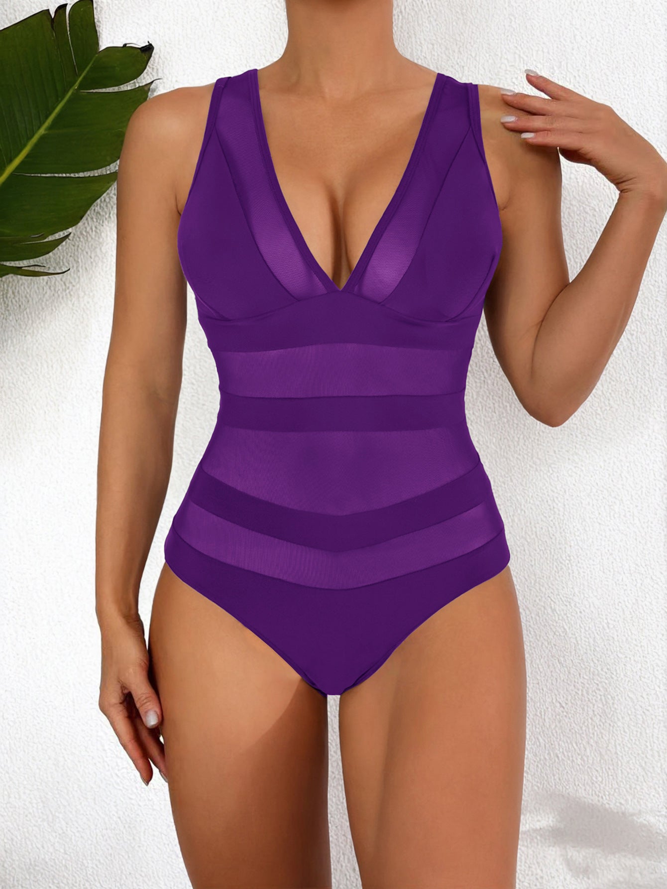 Women’s One-Piece Swimsuit – Form-Fitting – Deep V-Neck – Mesh Panel – High-Cut Leg