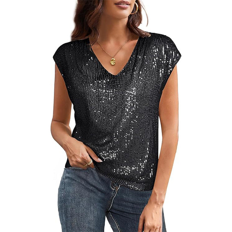 Women's Sparkly V-Neck Top – Short Sleeve – Elegant Fit – Metallic Shine