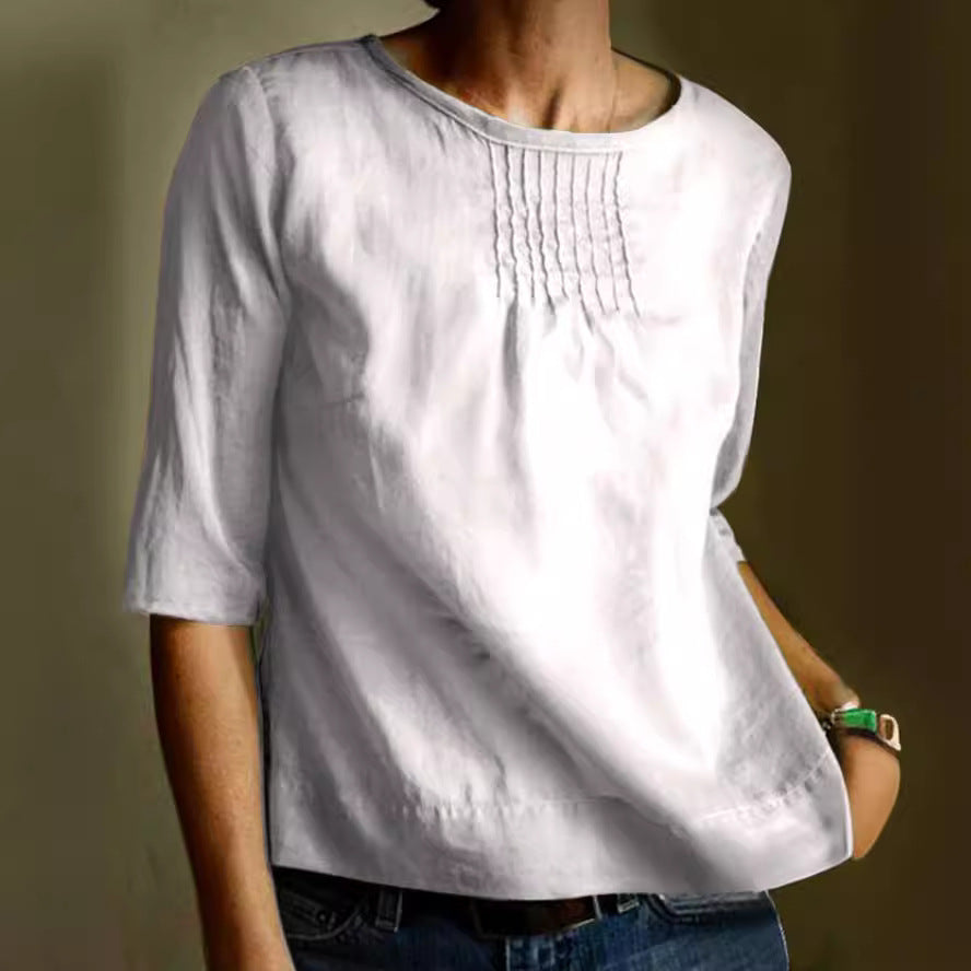 Women's Blouse – Cotton Linen Blend – Loose Fit – 3/4 Sleeve – Pleated Front