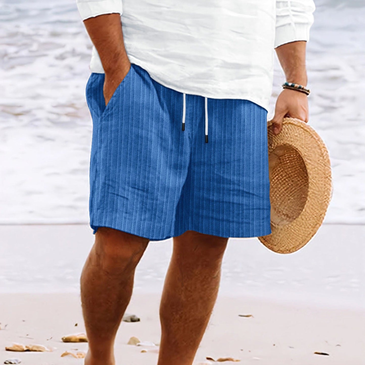 Mens Linen Cotton Blend Relaxed Fit Shorts With Multi Pocket And Elastic Drawstring Waist Couture-Moda
