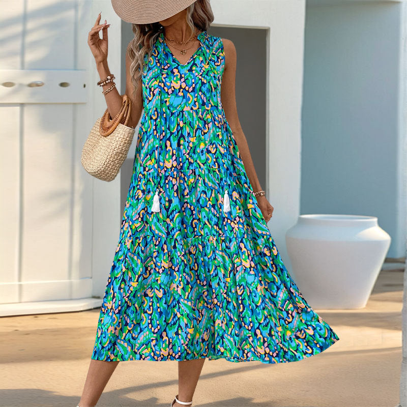 Women's Dress – Sleeveless A-line – V-neck – Layered Midi – Light Cotton