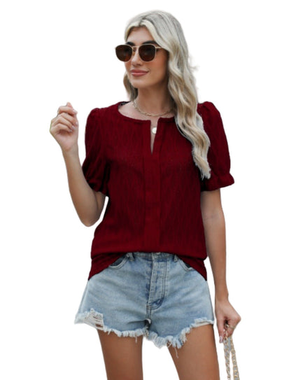 Jacquard Balloon Sleeve Top For Women Loose Fit Elegant Comfortable Everyday Chic