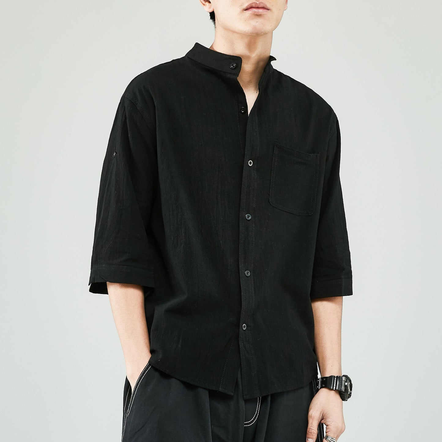 Mens Linen Cotton Blend Shirt Band Collar Relaxed Fit 7 8 Sleeve Casual Everyday Wear