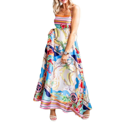 Women’s Maxi Dress – A-Line Silhouette – Flowy Fit – Printed Design – Silk Feel