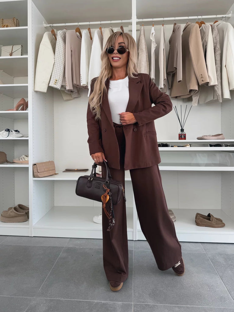 Women’s Two-Piece Blazer Set – Oversized Double-Breasted Blazer – High-Waist Wide-Leg Pants